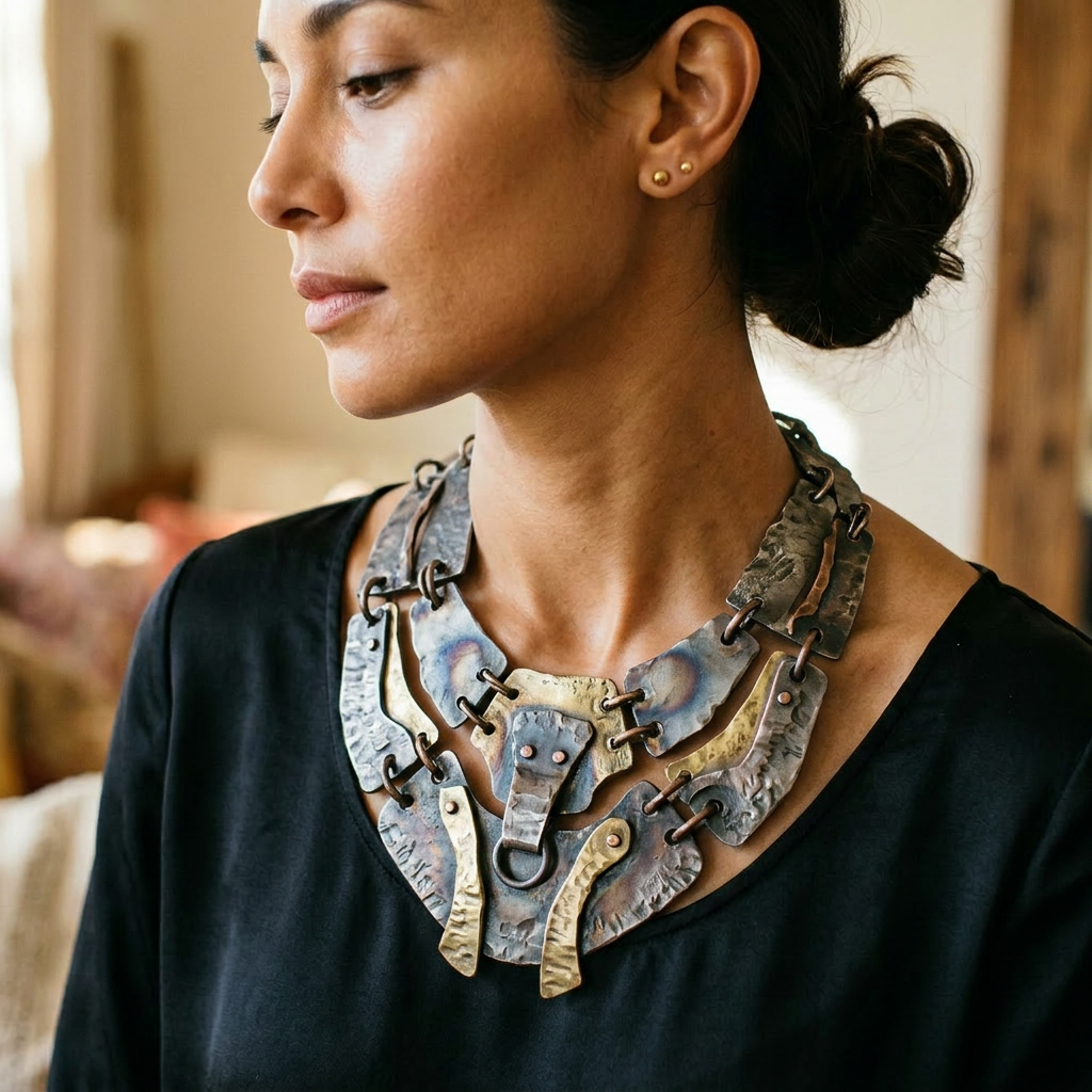 Woman wearing a gold and turquoise stone statement necklace